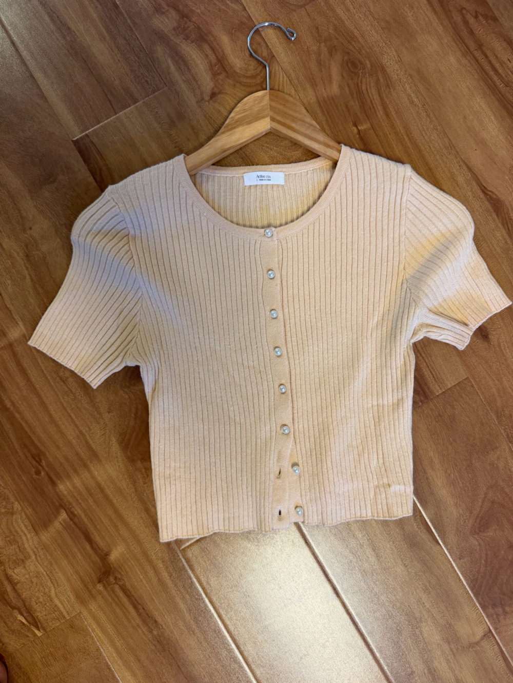 Active USA Ribbed Pearl-Button Short Sleeve Top - Butter Yellow